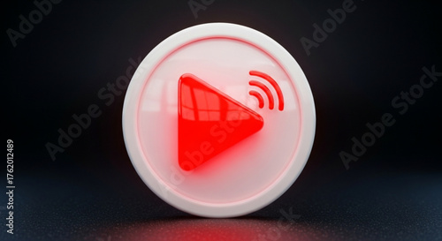 A red play button with broadcast waves on a white circular button, symbolizing live streaming and online video content creation