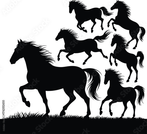 Group of galloping horses in black silhouette against white background