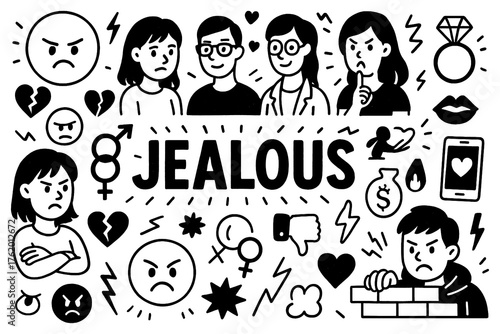 Fototapeta Jealous emotion and envy doodle composition with negative expressions, Transpare