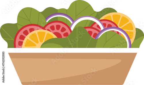 Fresh healthy salad bowl illustration with tomatoes onions and lemons art