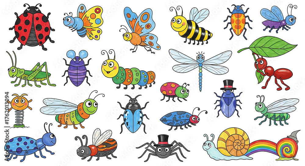 Fototapeta premium Collection of colorful cartoon insects and bugs with happy faces on a white background