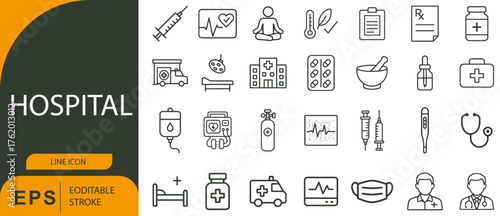 Hospital & Healthcare Icon Set – Symbols of Medical Treatment, Wellness Tools, and Patient Care