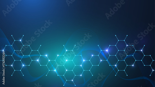 Health care abstract background with hexagons, lines and dots. Medical innovation banner template concept. Biology and pharmaceutical technology background. Vector illustration.