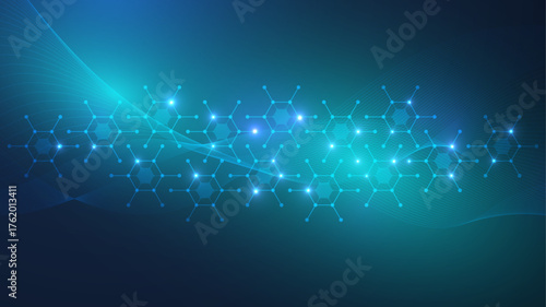 Health care abstract background with hexagons, lines and dots. Medical innovation banner template concept. Biology and pharmaceutical technology background. Vector illustration.