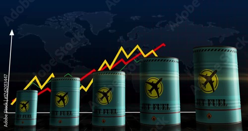 Jet fuel airplane oil barrels on growing chart. Aircraft petrol industrial metal containers with increase statistic diagram.