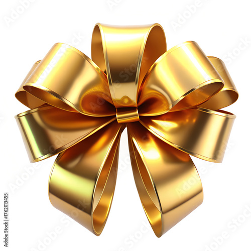 Golden satin ribbon bow isolated on white background festive gift decoration