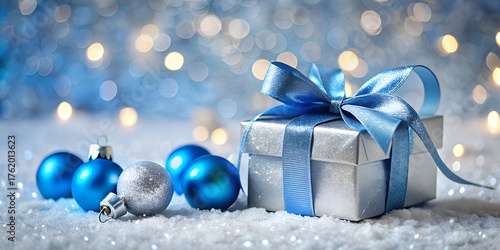 Blue Christmas background with gift boxes and ornaments