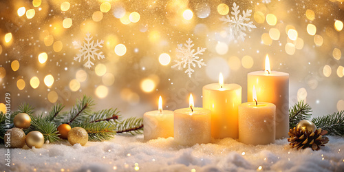 A festive Christmas tree and candle decorations illuminate the winter holiday season with a warm flame and gold ornaments