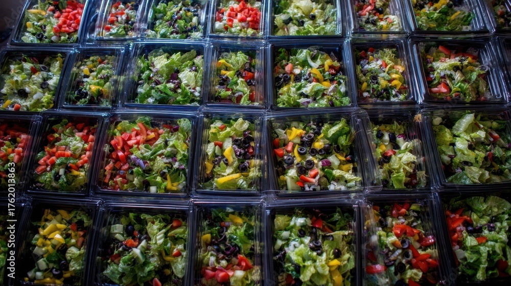 Fototapeta premium Colorful salad packs displayed in a fresh food market vibrant environment overhead view for healthy eating enthusiasts