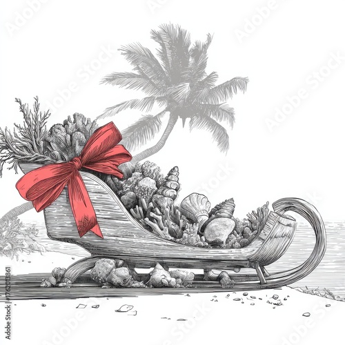 Vintage Christmas Sled Full of Seashells under Palm Tree – Hand-Drawn Tropical Holiday Sketch