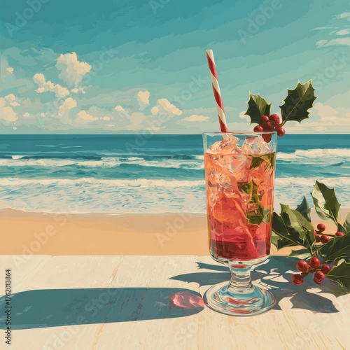 Tropical Christmas Cocktail by the Beach – Festive Holiday Drink with Holly Garnish Illustration