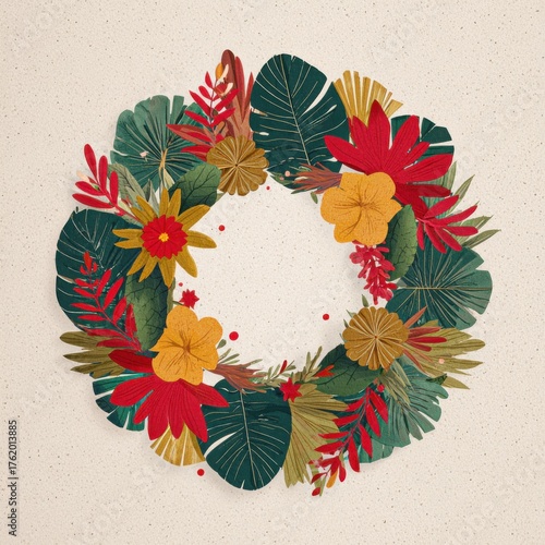 Tropical Christmas Wreath with Paper Cut Flowers and Leaves – Modern Festive Botanical Illustration