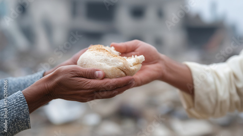 Humanitarian worker distributing bread and water, destroyed background, empathy and compassion scene humanitarian aid, kindness, empathy, hunger, hope, charity, crisis relief, comm