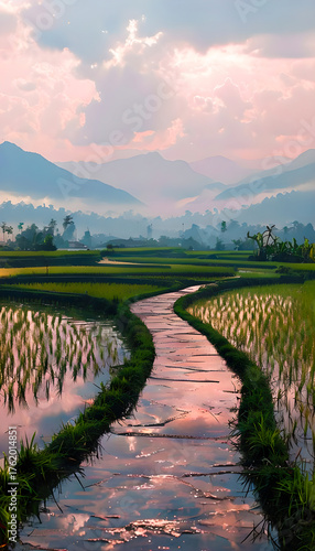 Serene Sunset Pathway: Radiant Colours Amidst Lush Rice Paddies and Majestic Distant Hills in Rural Landscape Photograph