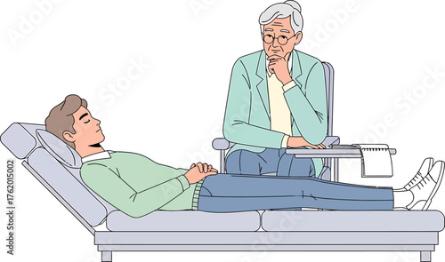 Therapist observing a patient lying on a couch, seeking help, mental health, psychology