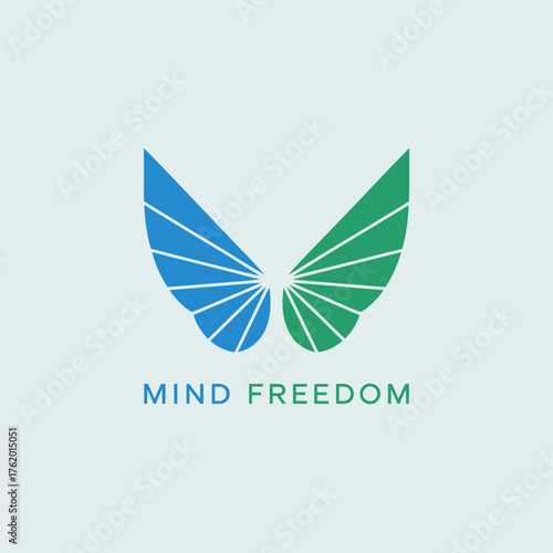 Mind freedom wings emblem, gradient blue green segments, mental clarity theme, wellness branding icon, serene minimal vector