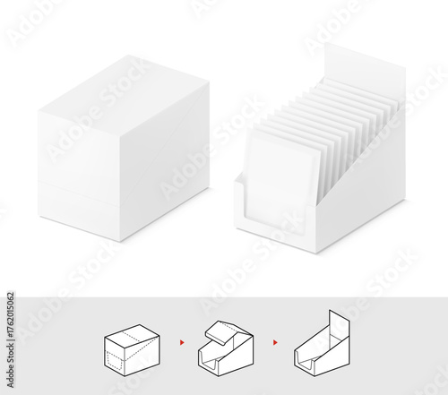 Blank shelf-ready box with sachet mockup. Vector illustration isolated on white background. Easy to use for your product. EPS10.