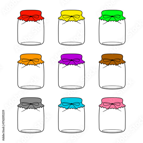 Colorful Jar Set with Fabric Covers and Ribbons Vector Illustration. Ideal for kitchen labels, homemade jam packaging, food storage icons or craft projects.