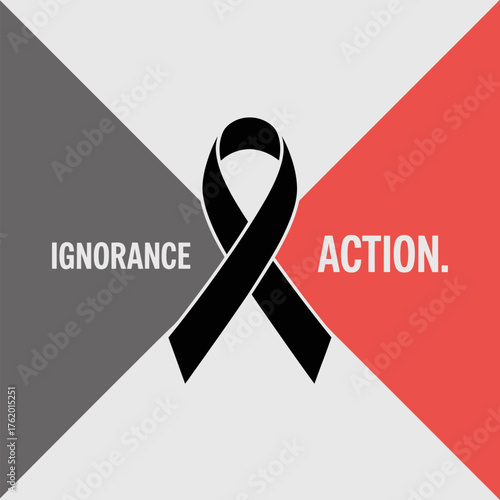 Black awareness ribbon graphic, ignorance to action theme, social cause poster, activism design, minimal layout, impactful vector illustration
