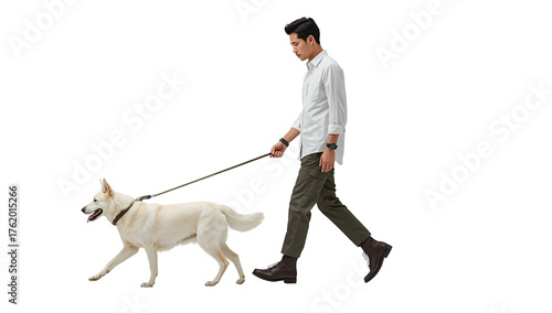Man walking his loyal white dog on a leash in an isolated transparent background image for
