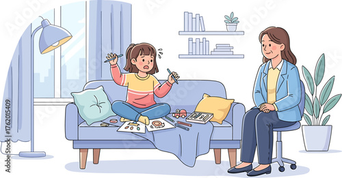 A young girl expresses frustration while drawing, observed calmly by a supportive adult providing guidance