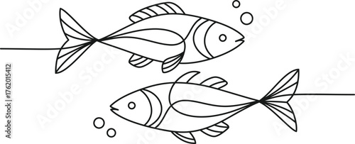 Two simple line art fish swimming in opposite directions in a dark background