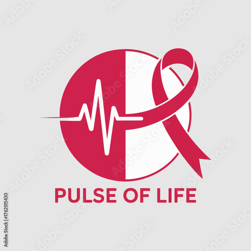 pulse of life logo, heart monitor wave with ribbon, lifesaving health awareness, emergency care support, modern medical vector