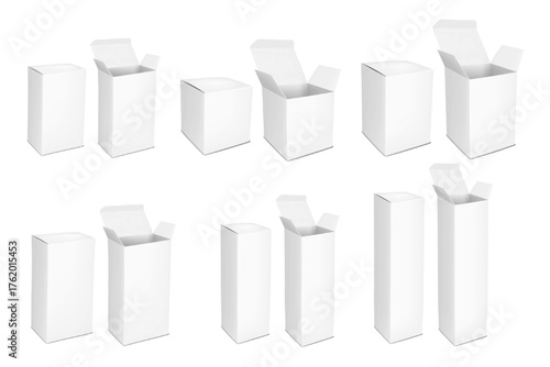 White blank paperboard box with tuck-in flap. Open and closed. 3d mockup set. Cardboard box, paper container packaging. Realistic vector mock-up kit. Carton package. Template for design. Easy editable
