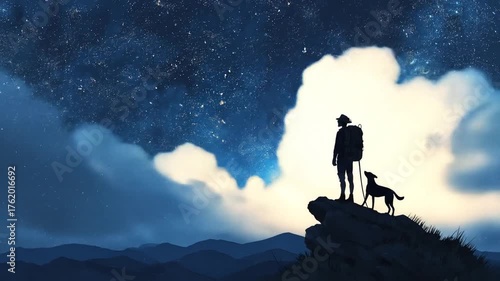 Backpacker and dog silhouette overlook a starry night sky with layered mountain ranges