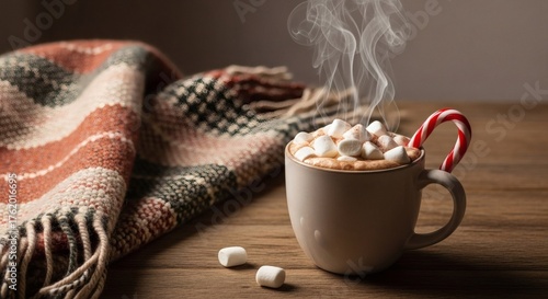 Cozy Hot Chocolate with Marshmallows and Candy Cane on Wooden Table