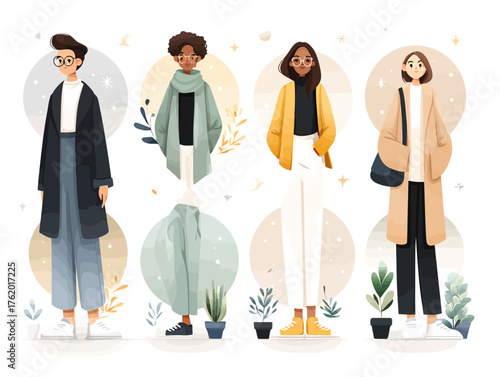 Minimalist Vector SVG Illustration of Four Women in Modern Casual Clothing with Organic Floral Elements in Flat Design Style for Digital Marketing
