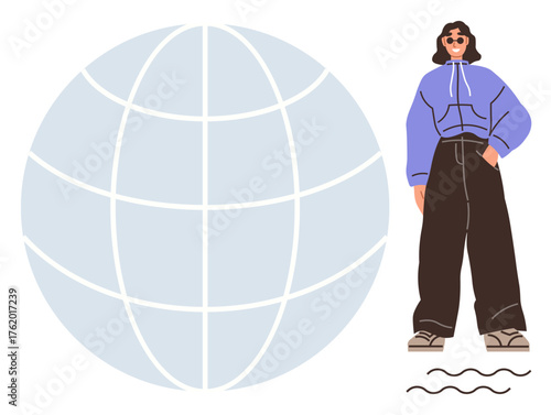 Stylish woman in a casual outfit stands beside a minimalistic globe grid. Ideal for global connectivity, diversity, fashion, empowerment, individuality, modern lifestyle, simple flat metaphor