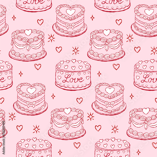 Seamless whimsical cake pattern in coquette style