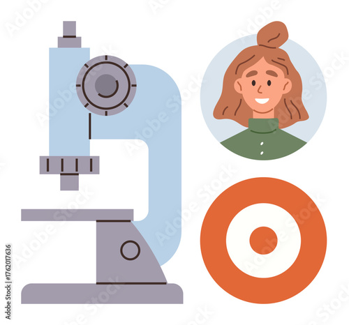 Microscope for scientific research, target symbolizing focus, and smiling woman portrait. Ideal for education, innovation, goals, analysis, discovery laboratory achievement. Simple flat metaphor