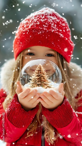 Young girl in a red hat joyfully holds a snow globe with a Christmas tree inside.