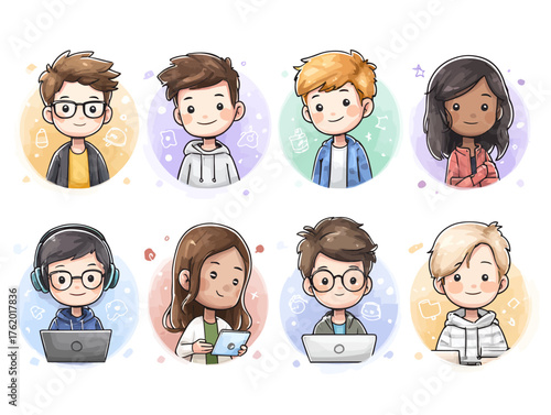 Vector SVG Illustration of Diverse Cartoon Characters in Flat Design Style with Colorful Background Circles for Web and App Use