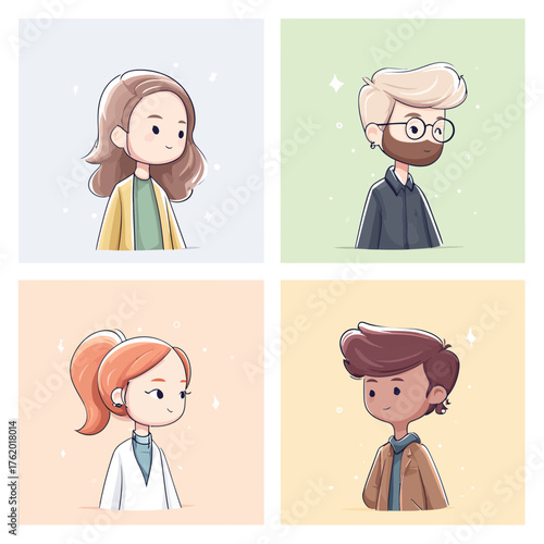 Vector SVG Illustration of Four Diverse Cartoon Characters in Modern Flat Style with Soft Pastel Colors for Digital and Web Use