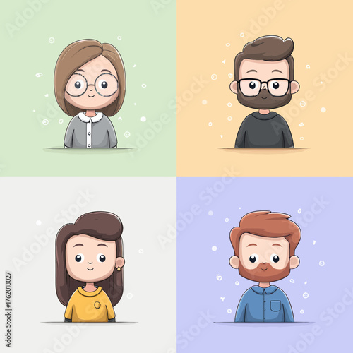 Vector SVG Illustration of Four Diverse Cartoon Characters in Modern Flat Style with Bright Pastel Colors for Web and Digital Media
