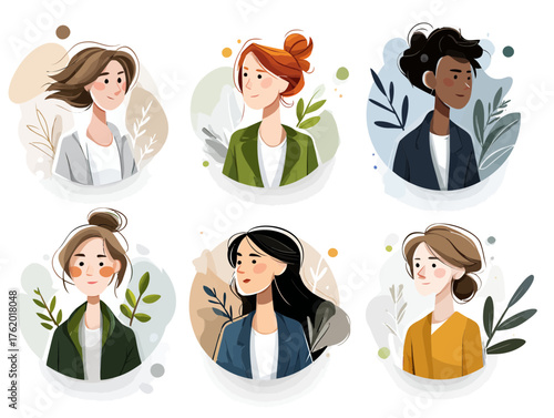 Vector SVG Illustration of Diverse Women Portraits in Flat Design Style with Botanical Elements for Digital Media