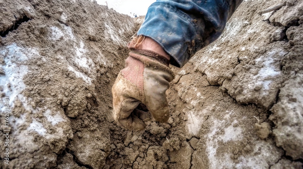 Fototapeta premium Gloved hand in a muddy, cracked trench, working in rough terrain, outdoor, low angle