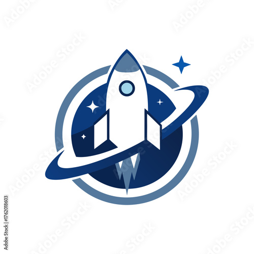 Rocket Orbiting Planet Vector Emblem Design