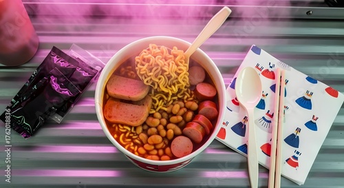 Food Truck Budae Jjigae (Army Stew) with Sausage, Beans, and Ramen Noodles under Neon Lighting (Korean Cuisine)