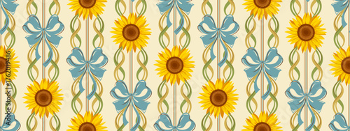 Yellow sunflower seamless pattern with blue bows, curling ribbons or green vines on striped beige background. Vintage decorative nostalgic countryside textile, wallpaper symmetrical design