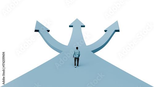 Canvas Print Man walking on path splitting three ways each ending with upward arrows, multipl