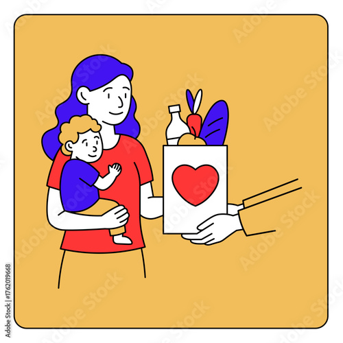 A young mother holding her child receives a food donation bag. Solidarity, charity, and humanitarian aid. Vector style with lines. Bright illustration showing social support. 