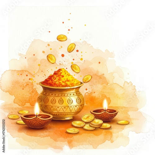 Watercolor illustration of a golden pot with coins and diyas symbolizing prosperity and wealth for