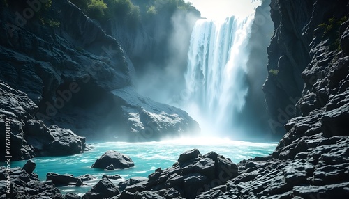 A majestic waterfall cascades down a rocky cliff face into a turquoise pool, surrounded by dark, rugged terrain.