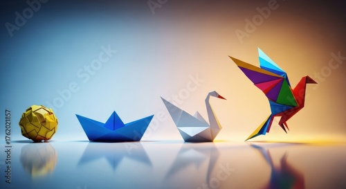 Creativity transformation and progress inspire beautiful origami art showing dynamic colorful bird flight and handmade design