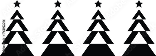 Geometric Christmas trees: A minimalist illustration features four abstract Christmas trees. Each tree, a simple triangular arrangement, is crowned by a star, evoking the festive spirit of the season.