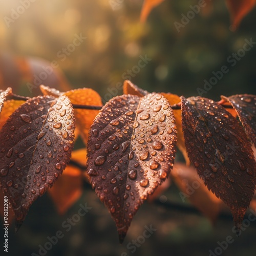 Vibrant autumn leaves adorned with glistening morning dew drops capturing the essence of a serene